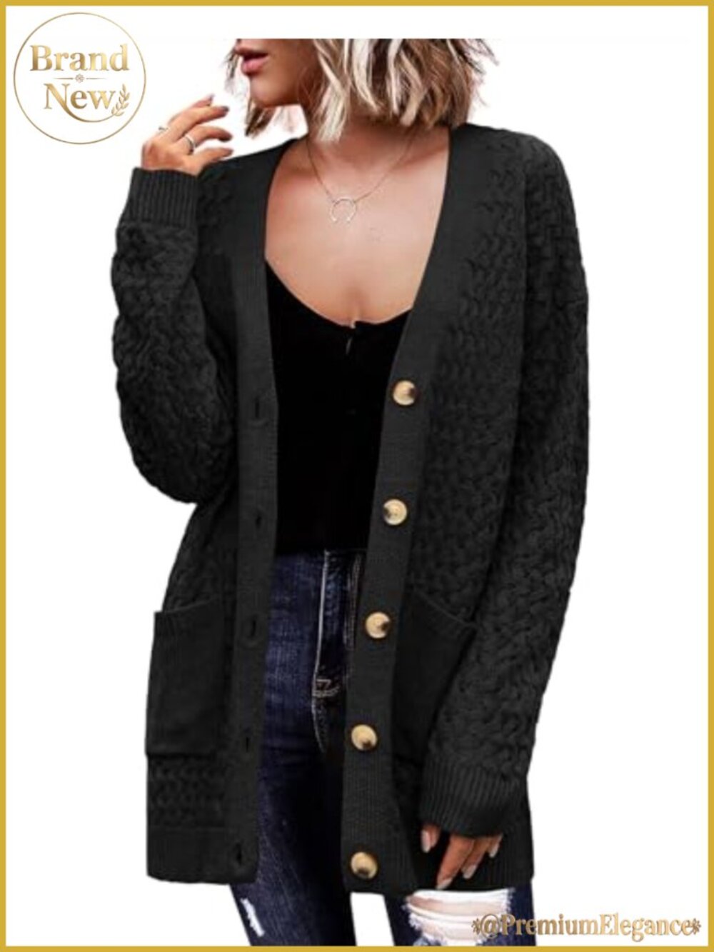 Long Sleeve Button Down Cardigan Sweater with Pockets Cable Knit